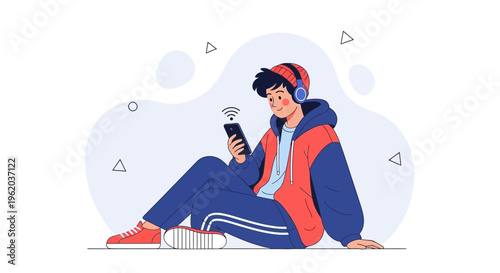 Young man listening to music on phone with headphones, sitting on floor, modern illustration