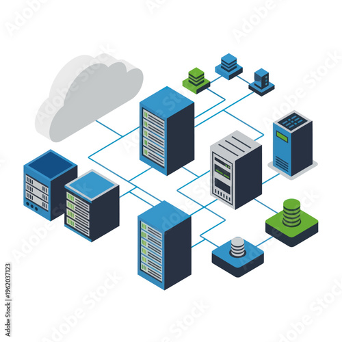 Network Servers Connected to Cloud Storage.