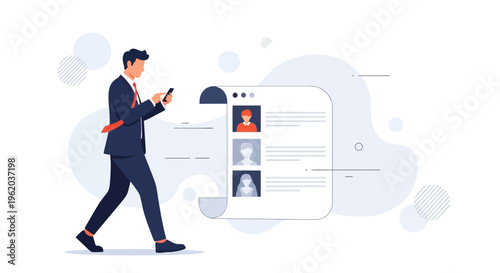 Businessman using smartphone, browsing profiles on digital screen, online recruitment concept