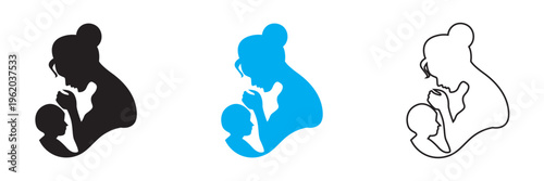 Mother Holding Baby Silhouette Love Care Icon. Set of mother and baby silhouettes in solid, blue, and outline styles, symbolizing maternal love, care, parenting, and family bonding.