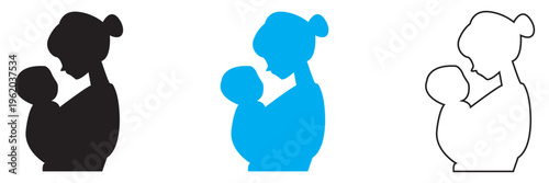 Mother Holding Baby Silhouette Love Care Icon. Set of mother and baby silhouettes in solid, blue, and outline styles, symbolizing maternal love, care, parenting, and family bonding.