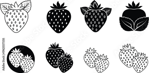 Strawberry silhouette vector set with berry icons and leaves for organic food labels garden products farm market branding and summer design