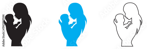Mother Holding Baby Silhouette Love Care Icon. Set of mother and baby silhouettes in solid, blue, and outline styles, symbolizing maternal love, care, parenting, and family bonding.