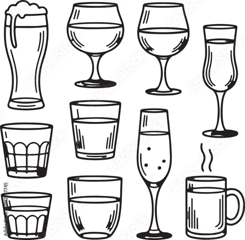 Water and juice glassware collection includes tumblers champagne flutes and mugs with bubbles and steam details