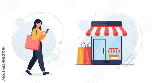 Woman Shopping Online Via Smartphone, E-commerce Store Concept