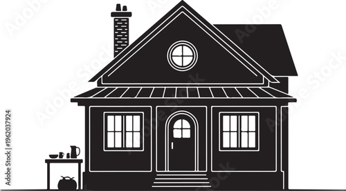 Black house, residential building, vector home, monochrome architecture isolated on Transparent Background