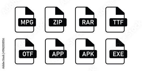 File extension format icon set including MPG ZIP RAR TTF OTF APP APK EXE vector illustration.