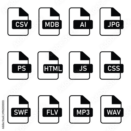File extension format icon set including CSV MBD AI JPG PS HTML JS CSS MP3 WAV vector illustration.