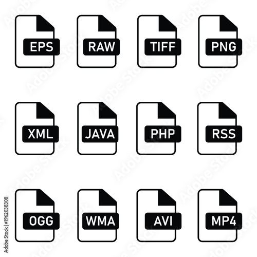 File format extension icon set including EPS RAW PNG XML PHP JAVA RSS AVI MP4 OGG vector illustration.