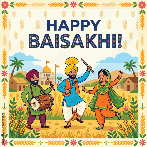 Happy Baisakhi festival vector illustration with Punjabi farmers dancing in golden wheat field, greeting design