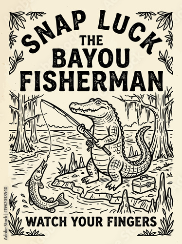 Alligator Holding Fishing Rod Outdoors.