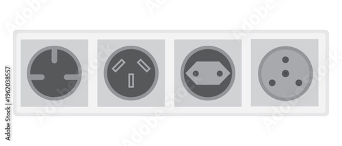 Vector set of four different electrical power socket types in a horizontal row.

