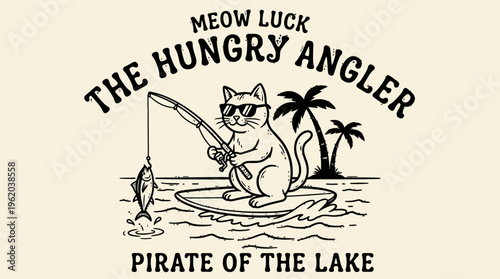 Cat fishing on a floating surfboard.