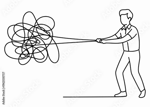 A man pulling a tangled mess of lines representing complex problem solving and simplified order. Vector, illustration