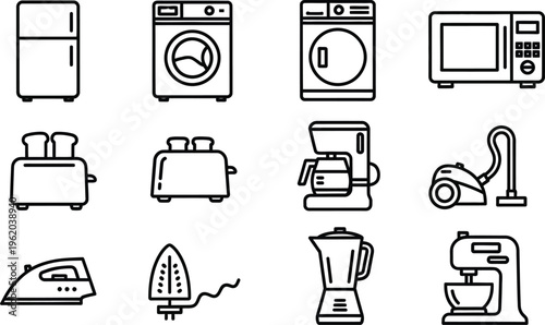 black line icons of household appliances on white background