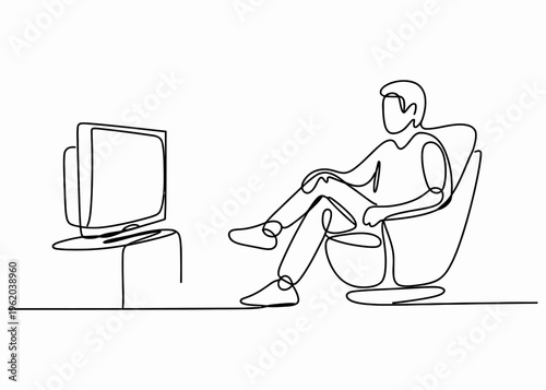 A man sits comfortably in an armchair while watching television in a continuous line art style.