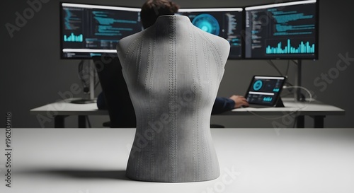 futuristic technology workspace with gray mannequin and digital data analysis