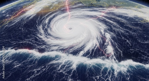Satellite view depicts a massive hurricane swirling over dark ocean waters with lightning strikes visible.