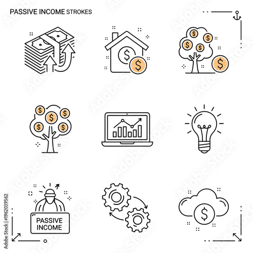 A collection of nine minimalist line art icons representing various aspects of passive income generation and financial growth.
