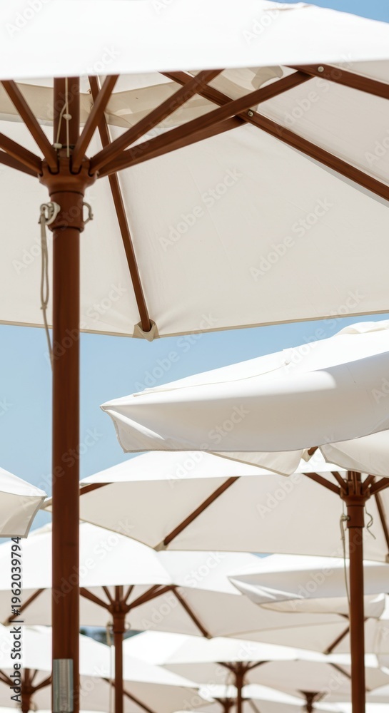 Fototapeta premium 青空の下に並ぶ白いビーチパラソル。木製支柱のリゾート用日除け。夏の休暇とビーチの風景