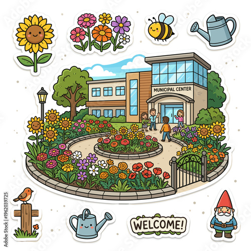 Colorful flower garden with municipal center and cheerful characters  