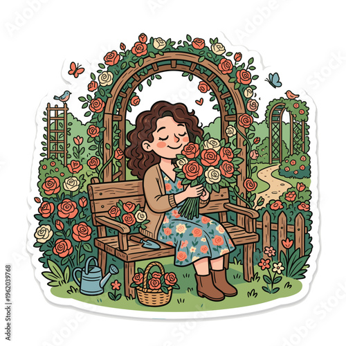 Εκτύπωση καμβά Girl sitting on bench and arranging flowers in a vibrant garden