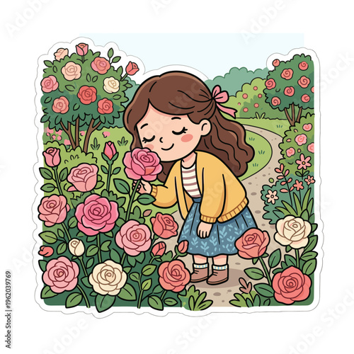 Young girl smelling flowers in a colorful rose garden  