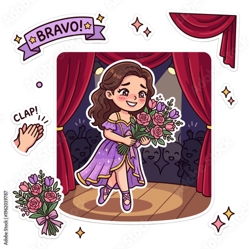 Cheerful girl in purple dress receiving applause on stage  