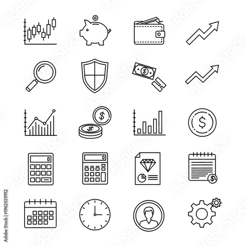 A collection of line art icons representing various financial and business concepts, including charts, money, and security.
