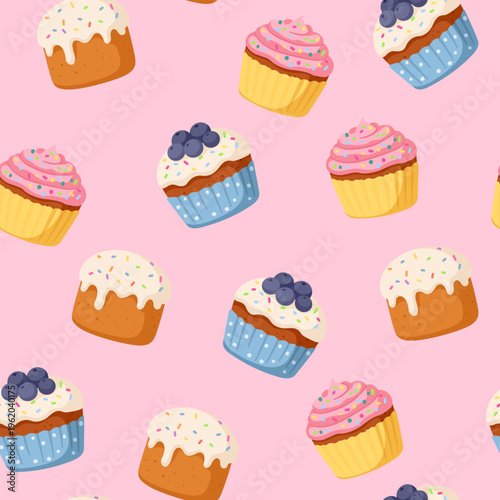 Pink Easter cupcake seamless pattern. Sweet muffins and paschal bread repeating background for girls.
