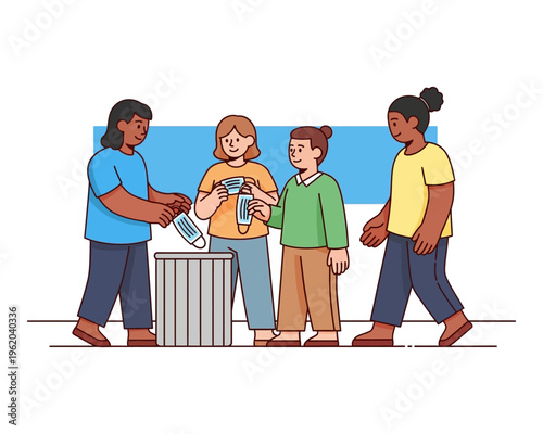 Four diverse people responsibly disposing of used face masks into a trash can, promoting cleanliness and environmental care.