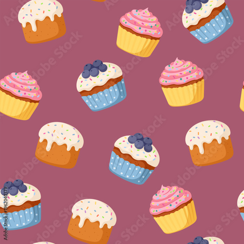 Traditional Easter food seamless pattern on dark red. Cakes and cupcakes repeating background for holiday design