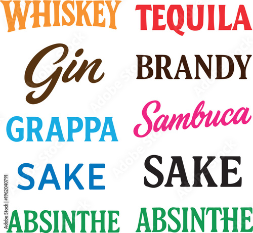 Inscriptions with the names of alcoholic beverages on a white background. Different fonts and colors, a typographic poster.