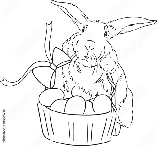 Easter bunny with a basket of eggs. Black and white contour drawing of a rabbit holding an egg near a basket with ribbons, on a white background, coloring book "Easter Bunny".