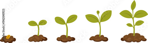 Set of green growing seedlings in the soil isolated on white. Vector flat cliparts. Spring, gardening, new life, business, save the planet concept