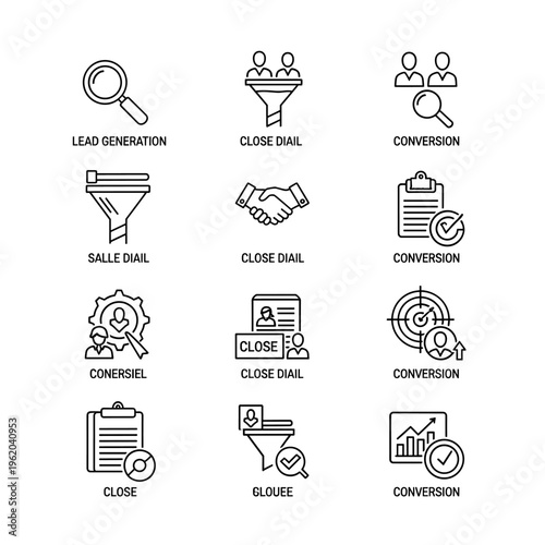 A grid of twelve black and white line icons representing various stages of business processes such as lead generation, sales funnels, deal closing, and conversion, with associated text labels.