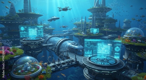 Futuristic underwater city displays holographic data screens and advanced submersible vehicles navigating coral reefs.