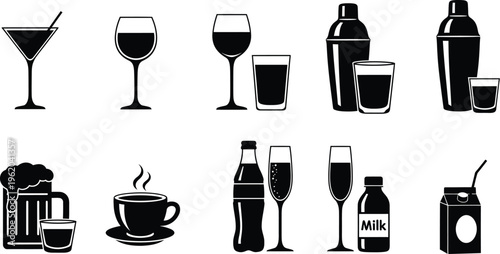 Black and white icons of various alcoholic and non alcoholic drinks