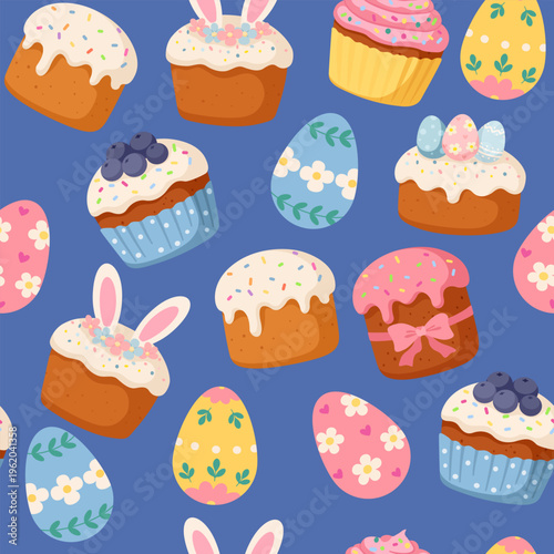 Easter seamless pattern with cakes and decorated eggs. Spring holiday background with paschal bread and sweets on blue.
