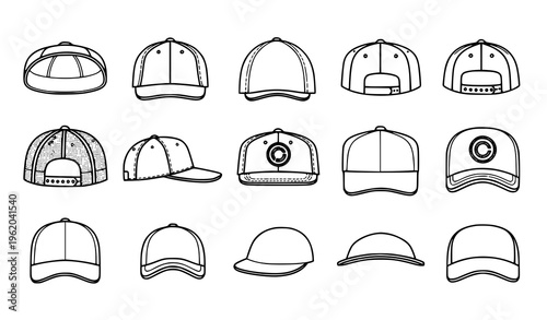 Baseball Hat Outline Icon Pack Sports Cap Linear Vector Symbols Set