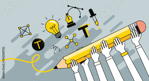 Cartoon hands holding a vibrant yellow pencil with design tools and an idea bulb, concept for creative collaboration, brainstorming and design agency marketing.