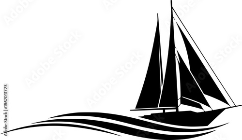 Solid black silhouette of a classic sailing yacht on waves, minimalist nautical travel and maritime adventure vector illustration isolated on white