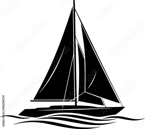 Solid black silhouette of a classic sailing yacht on waves, minimalist nautical travel and maritime adventure vector illustration isolated on white