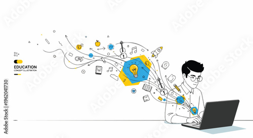 Cartoon man with laptop surrounded by drawn education elements, graphic illustration concept for online learning, educational apps and course advertising.