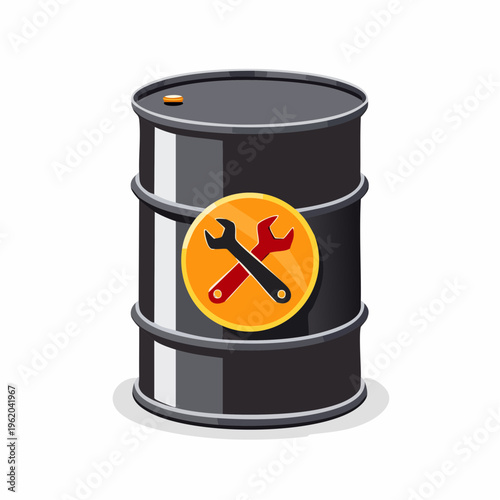 Black oil drum with crossed wrenches logo with a reflective black oil barrel