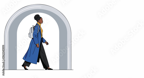 man walking through archway with backpack on