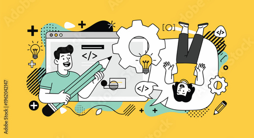 Illustration of developers with code, gears and light bulb icons on a yellow background, concept for software development, web design, and technology education.