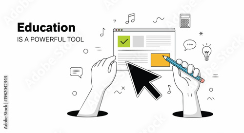 Minimalist graphic of hands interacting with a web UI and a pencil, modern illustration for online learning, educational resources and creative design.