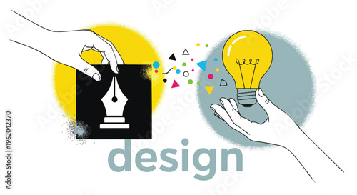 Minimalist hands holding pen nib icon and lightbulb, surrounded by shapes and the word design text, concept for creative agency, branding assets, and marketing campaigns.