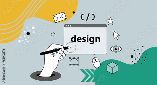 Minimalist hand drawing design elements with a pencil on a light blue background, concept for web development, graphic design, and brand creation.